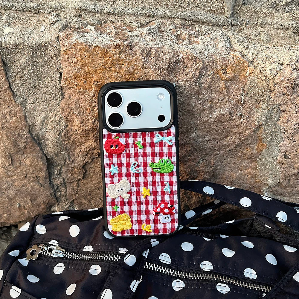 Cute Animal Embroidery Red Grid iPhone Case – Shockproof Full Coverage Cover