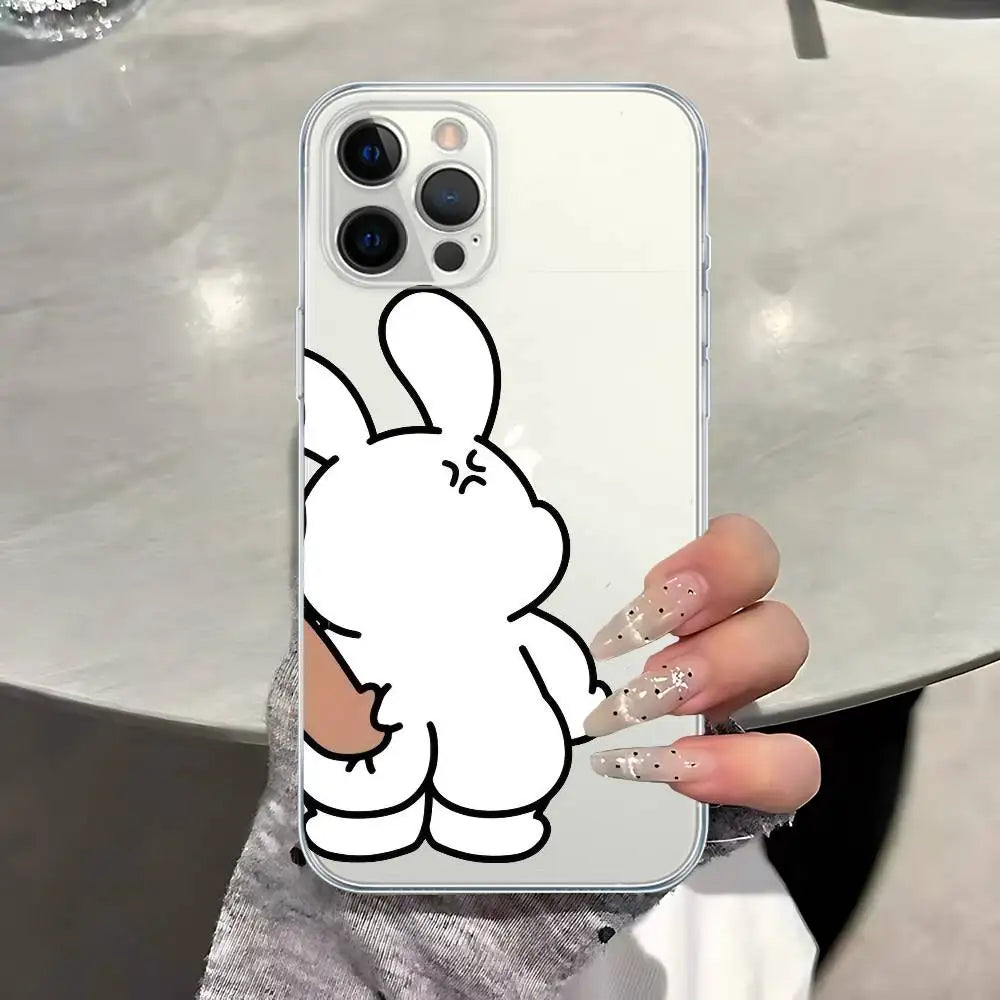 Cute Rabbit & Bear Couple iPhone Case – Transparent Cartoon Animal Phone Cover