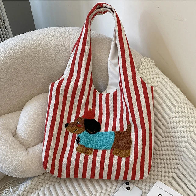 Cute Dog Embroidery Women’s Canvas Shoulder Tote Bag – Large Capacity