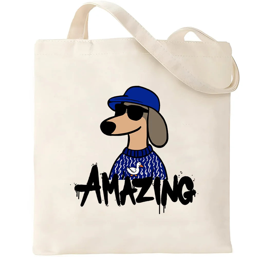 Cute Pet Dog Printed Canvas Tote Bag – Eco-Friendly Large Capacity Handbag for Shopping, Books, Laptop & Essentials