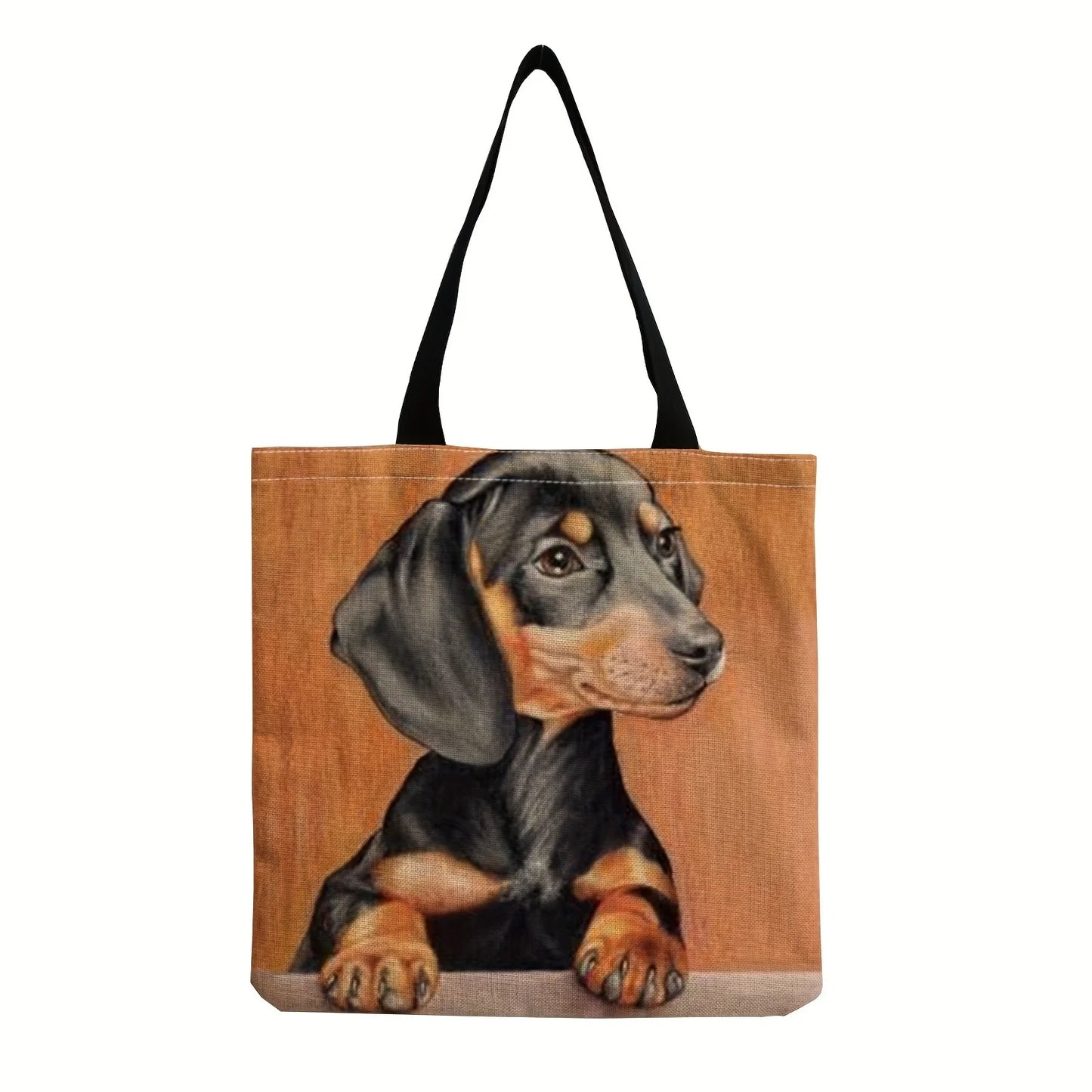 Cute Sausage Dog Print Tote Bag – Large Capacity Linen Shoulder Bag