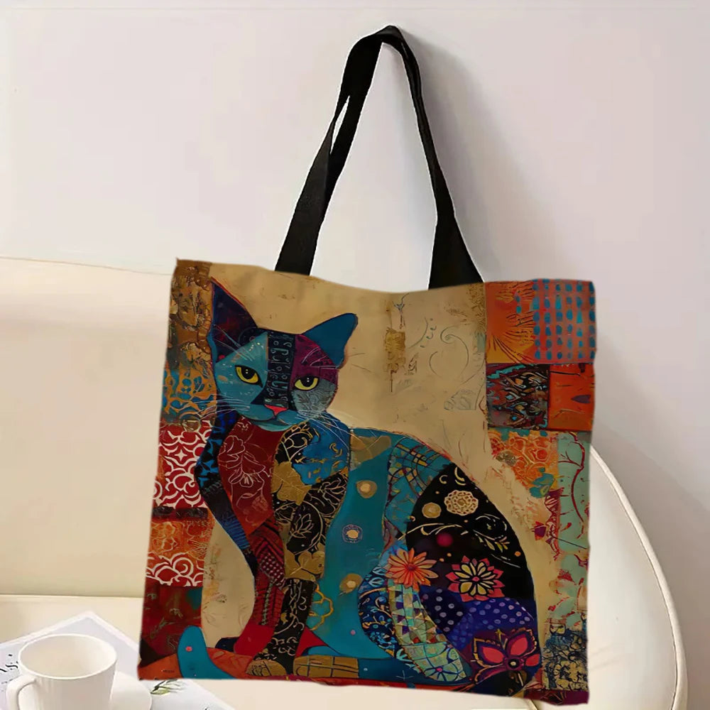 Cat Floral Retro Tote Bag – Large Capacity Casual Shoulder Shopping Bag
