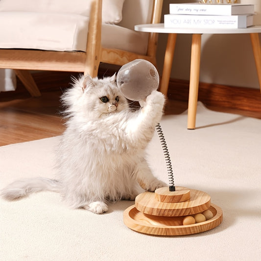 Wooden Interactive Cat Toy with Food-Dispensing Ball