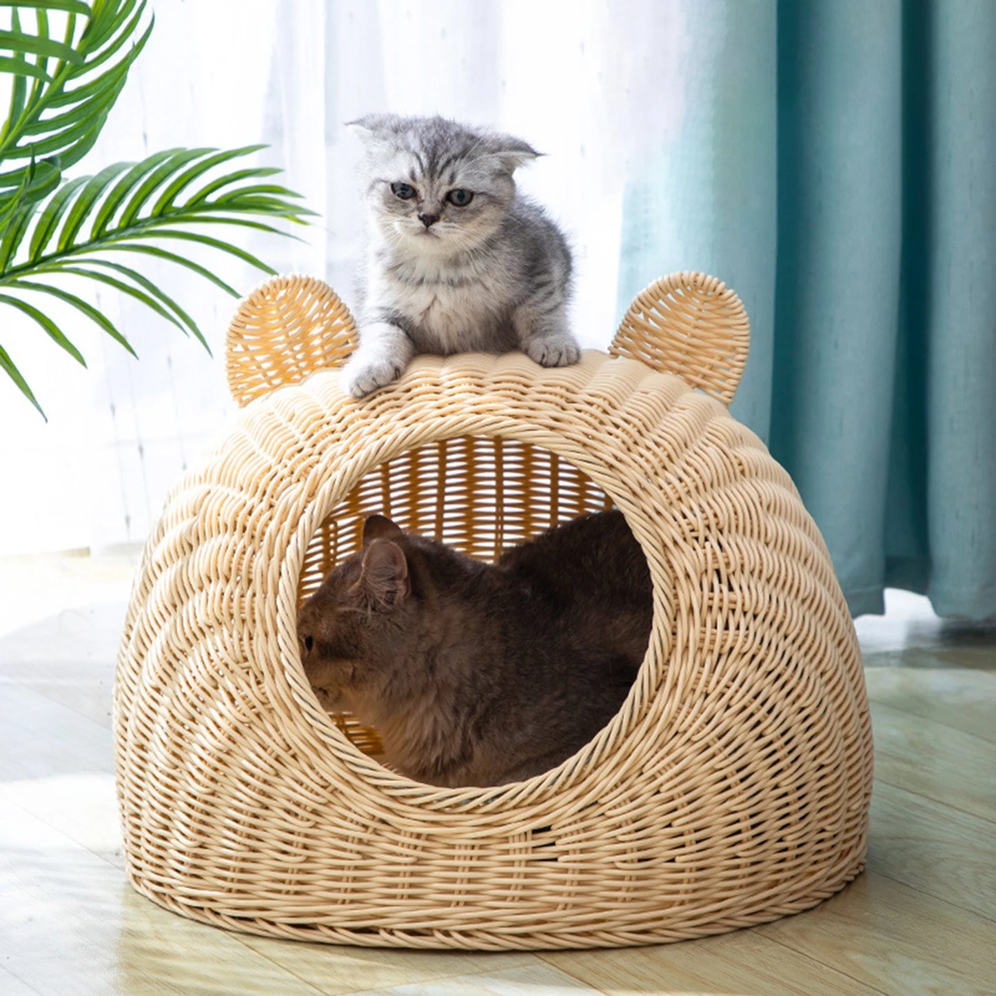 Rattan Woven Semi-Closed Cat Bed House
