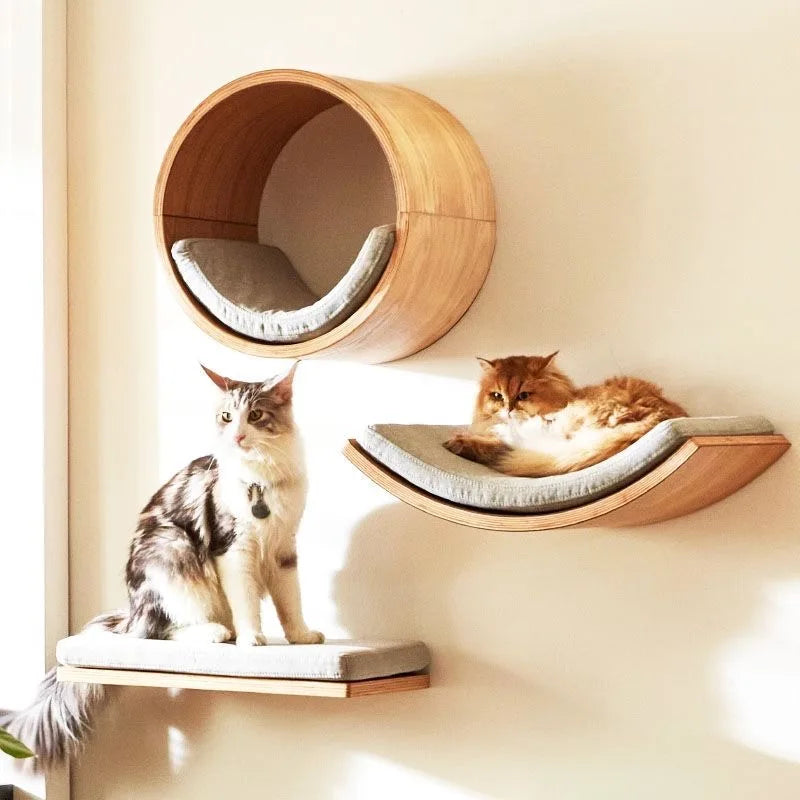 Wall-Mounted Wooden Cat Climbing Shelves with Hammock
