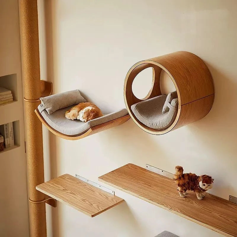 Wall-Mounted Wooden Cat Climbing Shelves with Hammock