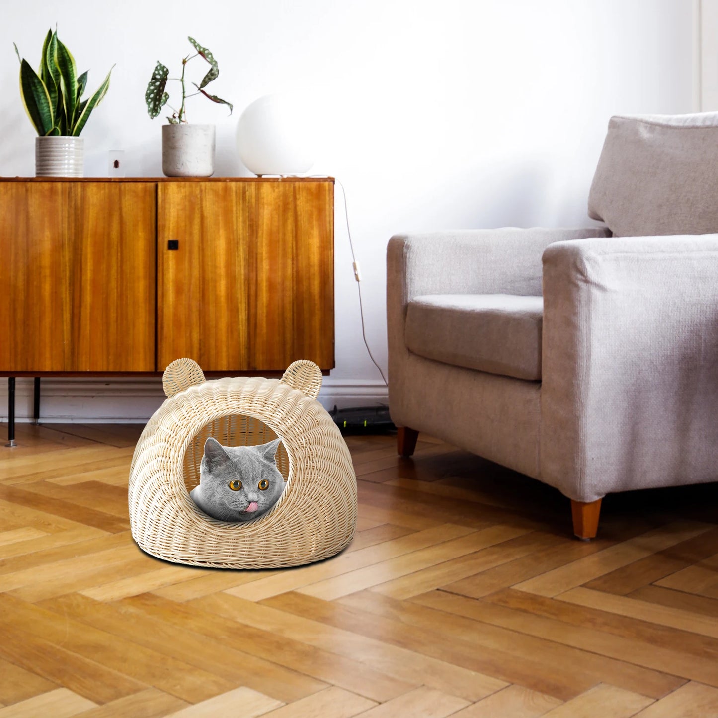 Rattan Woven Semi-Closed Cat Bed House