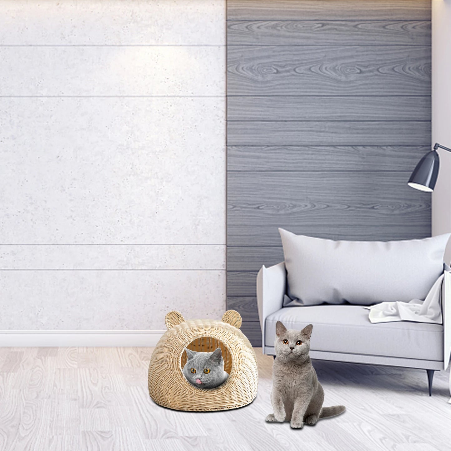 Rattan Woven Semi-Closed Cat Bed House