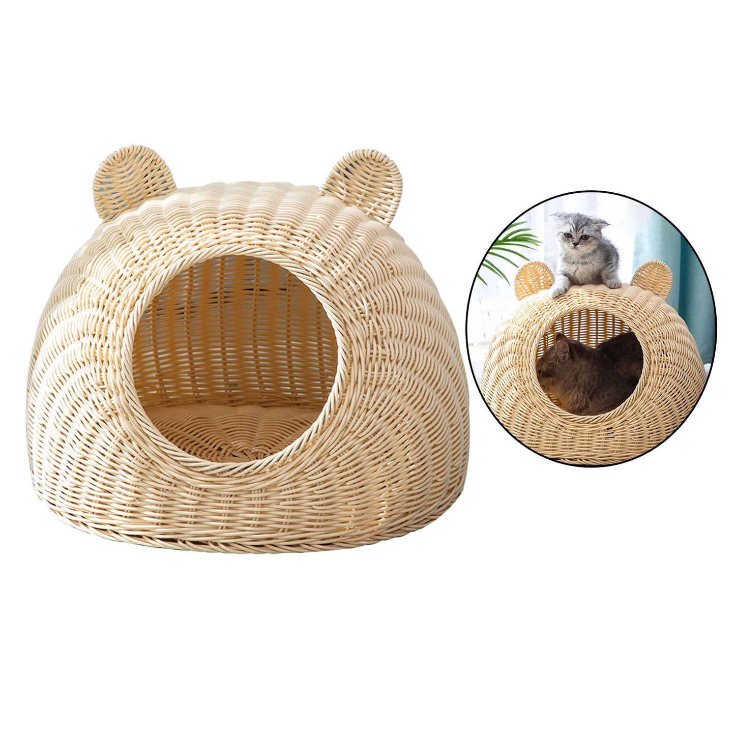 Rattan Woven Semi-Closed Cat Bed House