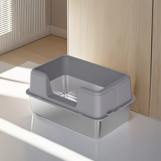 Stainless Steel Semi-Enclosed Cat Litter Box for Large Cats & Kittens