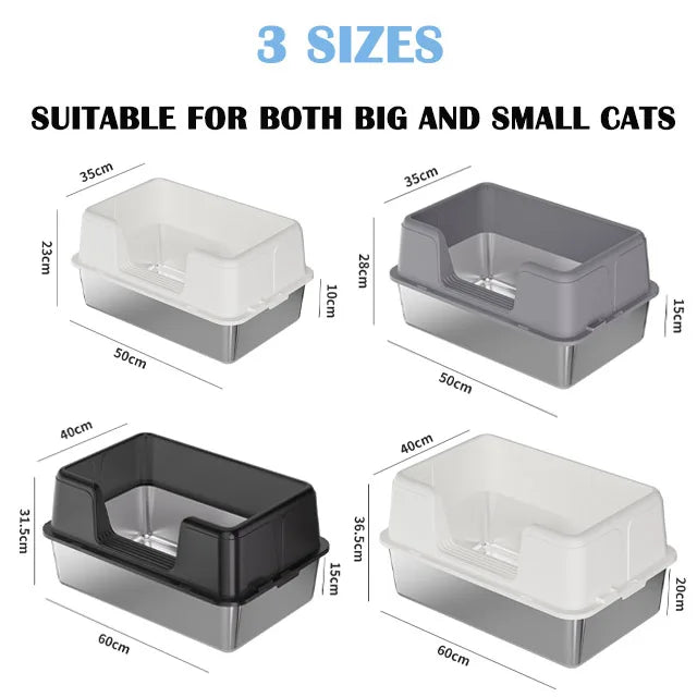 Stainless Steel Semi-Enclosed Cat Litter Box for Large Cats & Kittens
