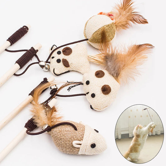 Interactive Cat Teaser Wand with Feather & Animal Toys – 40 cm