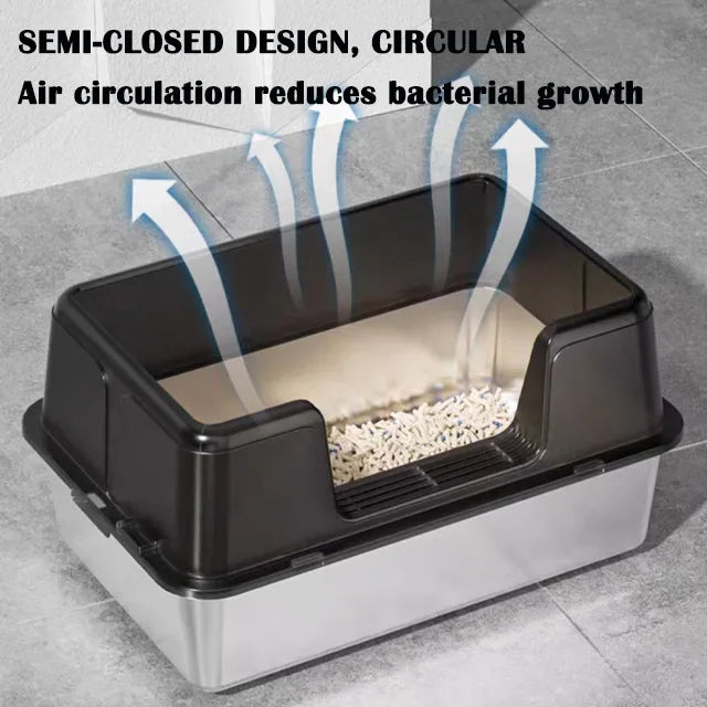Stainless Steel Semi-Enclosed Cat Litter Box for Large Cats & Kittens