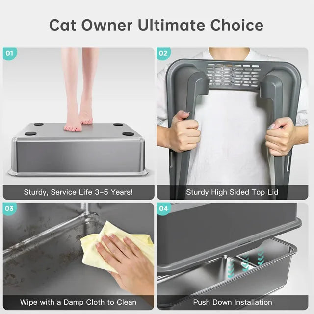 Stainless Steel Semi-Enclosed Cat Litter Box for Large Cats & Kittens