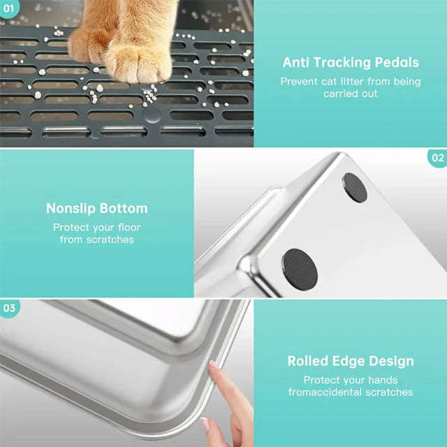 Stainless Steel Semi-Enclosed Cat Litter Box for Large Cats & Kittens