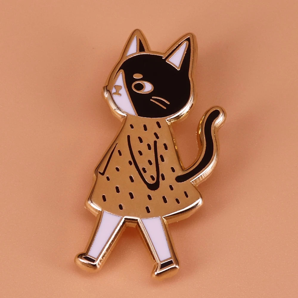 Elegant Walking Cat Enamel Lapel Pin