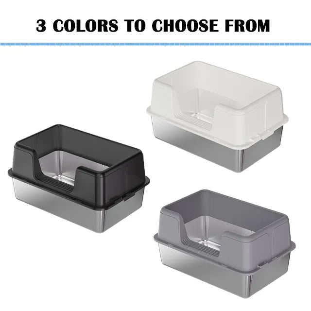 Stainless Steel Semi-Enclosed Cat Litter Box for Large Cats & Kittens