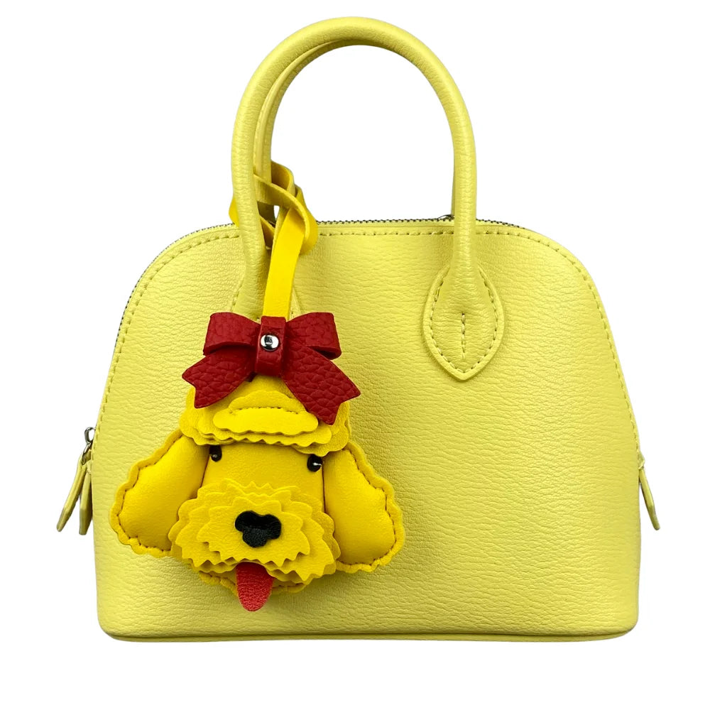 Handmade Leather Teddy Dog Bag Charm with Detachable Red Bow Tie – 3D Puppy Keychain for Bags