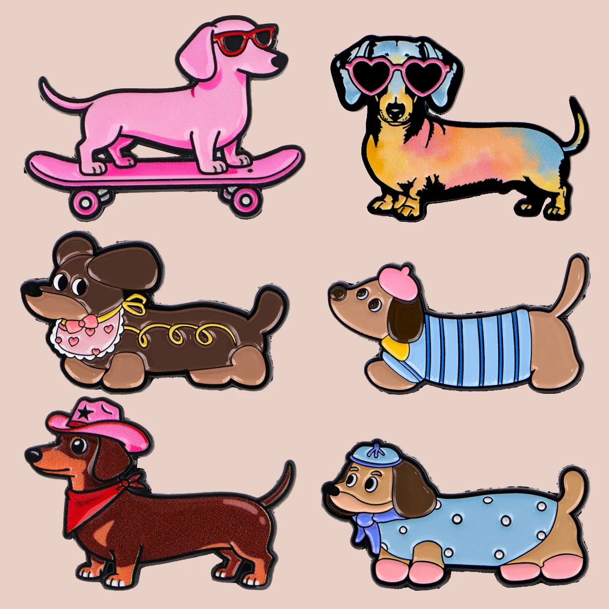 Mix 6pcs/set Dachshund Series Enamel Pin Brooches – Lapel Pins for Men & Women, Backpack, Costume Accessories, Fashion Jewelry Gifts