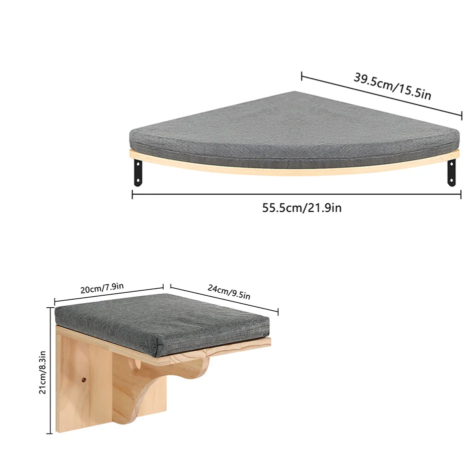 Wall-Mounted Wooden Cat Shelf Bed with Soft Cushion