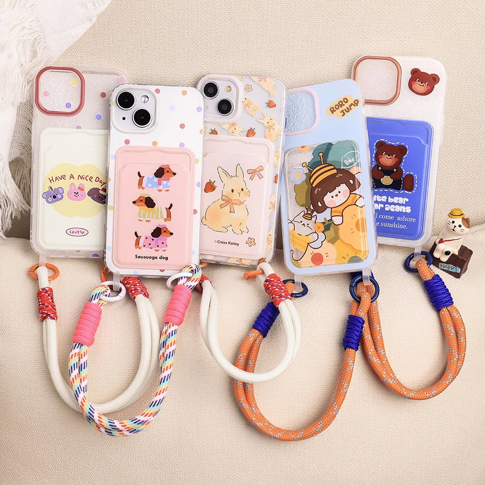 Cute Animal Wallet iPhone Case – Card Holder Silicone Phone Cover with Lanyard