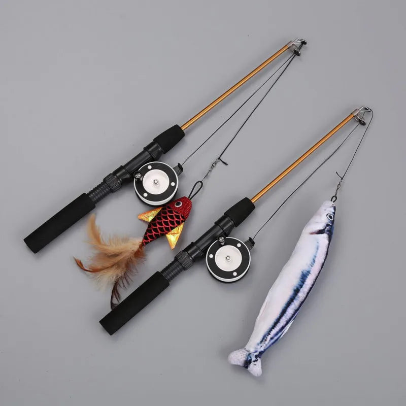 Retractable Fishing Rod Cat Teaser Toy with Feathers