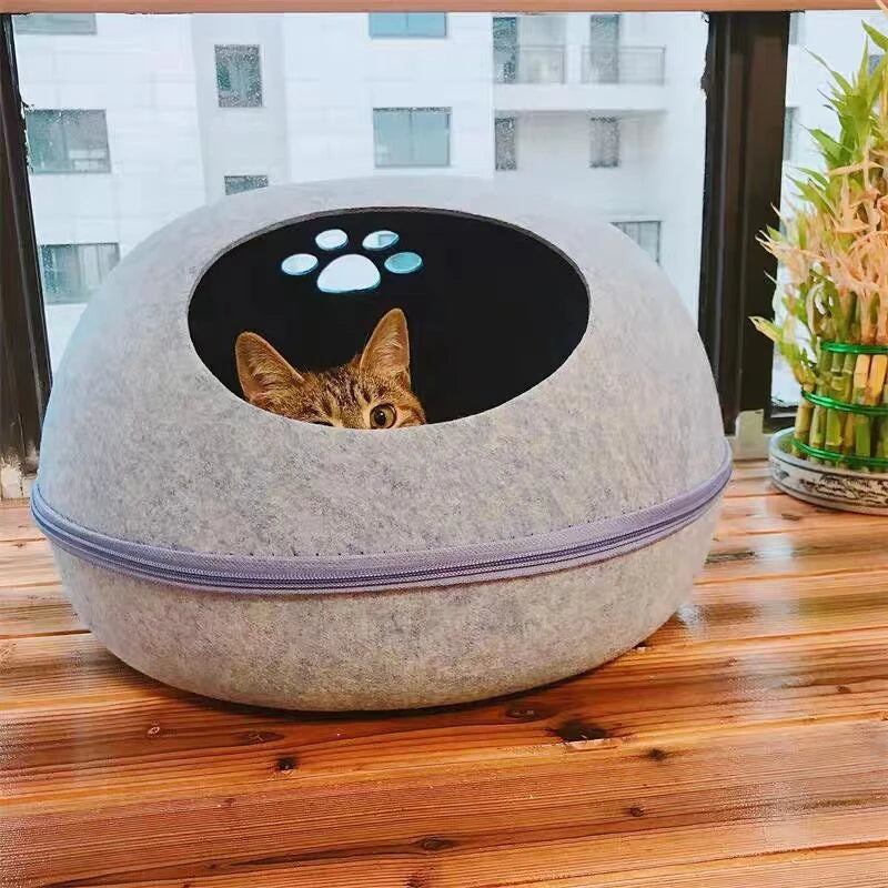 Breathable Felt Cat Cave Bed with Removable Cushion