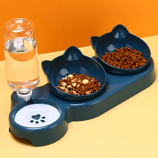 3-in-1 Tilted Cat Bowl Set with Gravity Water Feeder