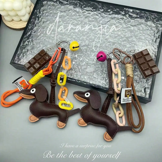Cute Dachshund PU Leather Keychain with Bell