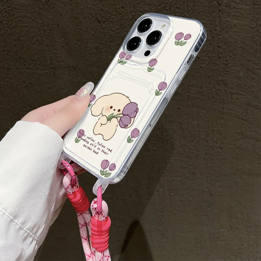 Cute Animal Wallet iPhone Case – Card Holder Silicone Phone Cover with Lanyard