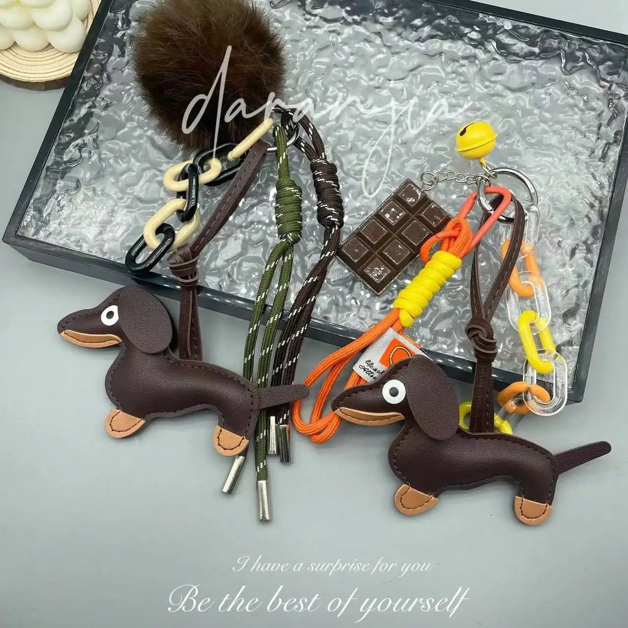 Cute Dachshund PU Leather Keychain with Bell