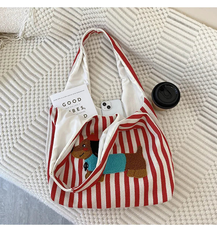 Cute Dog Embroidery Women’s Canvas Shoulder Tote Bag – Large Capacity