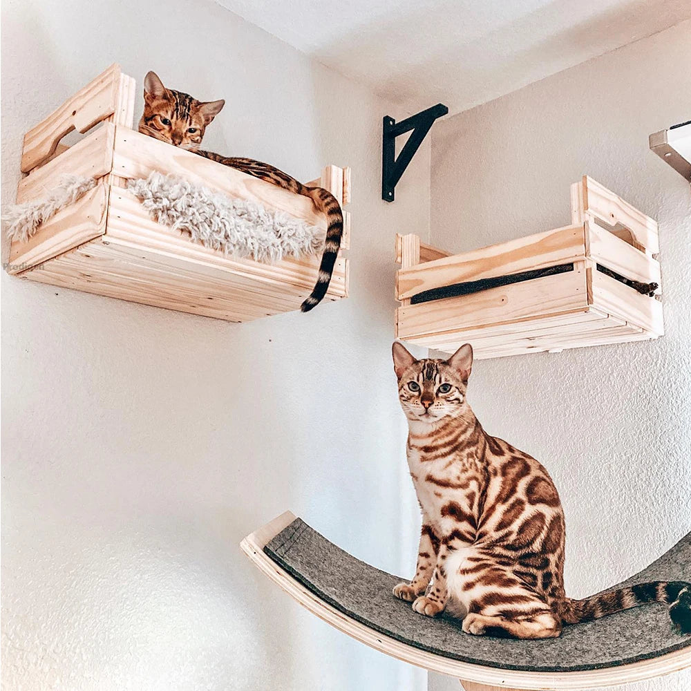 Wall-Mounted Wooden Cat Perch Bed with Scratching & Climbing Function
