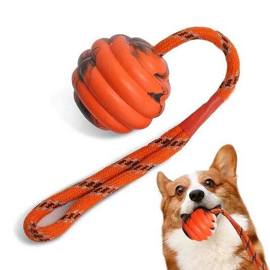 Bouncy Rubber Dog Ball Toy with Rope for Fetch & Tug