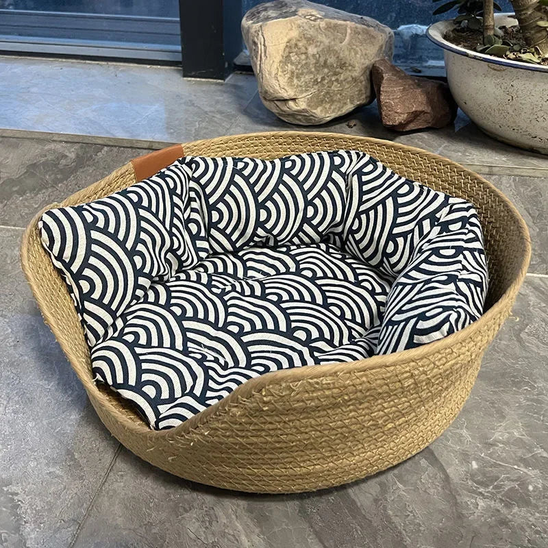 Handwoven Breathable Pet Bed with Soft Cushion