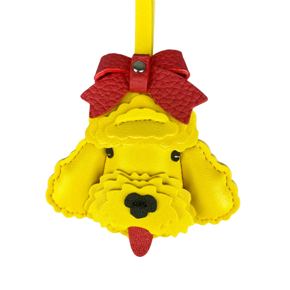 Handmade Leather Teddy Dog Bag Charm with Detachable Red Bow Tie – 3D Puppy Keychain for Bags