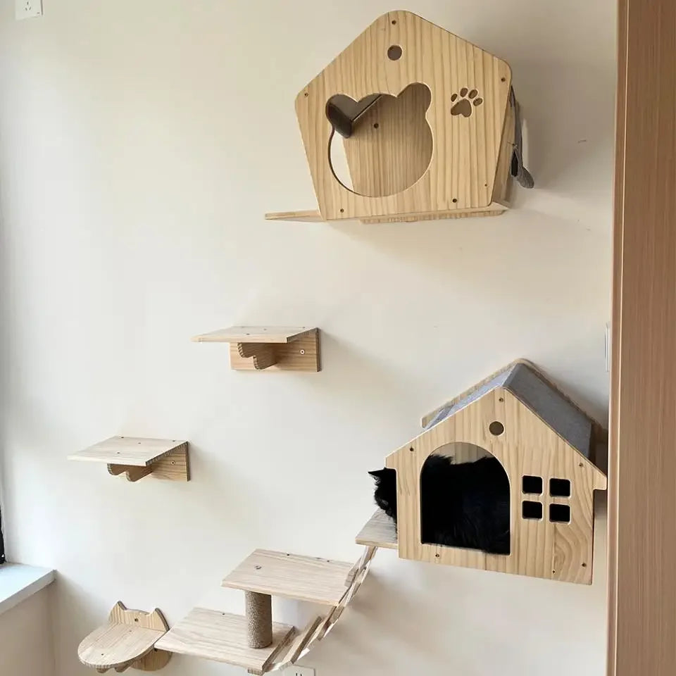 Wall-Mounted Wooden Cat Climbing Shelves with Hammock