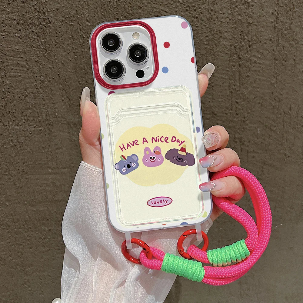 Cute Animal Wallet iPhone Case – Card Holder Silicone Phone Cover with Lanyard