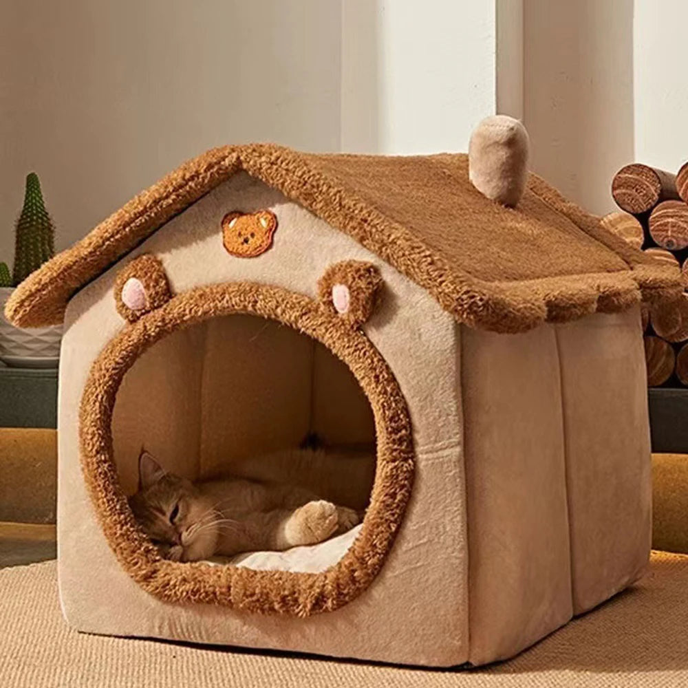 Warm Enclosed Teddy Bear Pet Bed – Cozy Cat & Dog Sleeping Bed