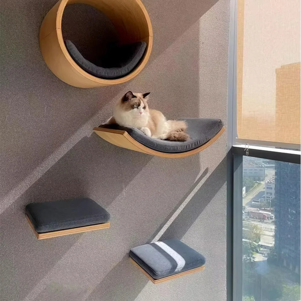 Wall-Mounted Wooden Cat Shelf Bed with Soft Cushion