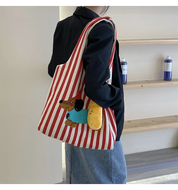 Cute Dog Embroidery Women’s Canvas Shoulder Tote Bag – Large Capacity