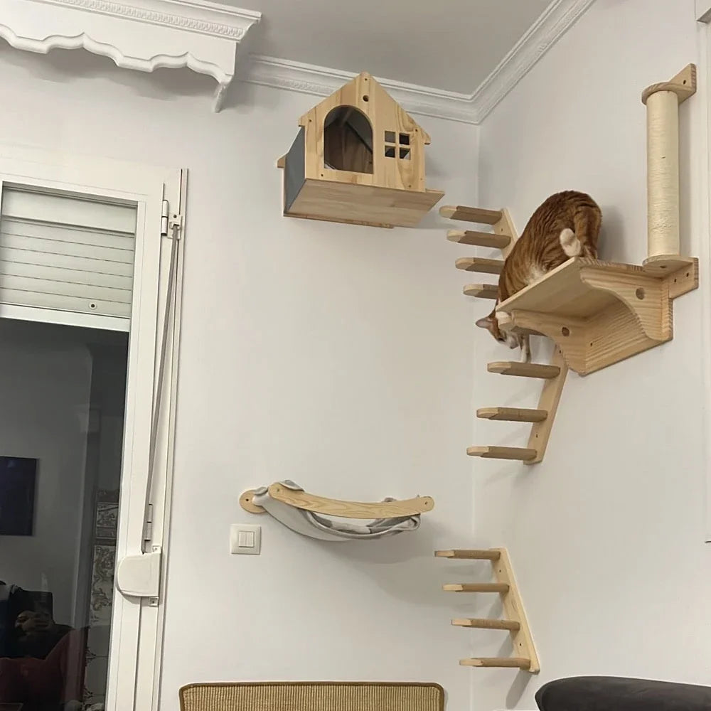Wall-Mounted Wooden Cat Climbing Shelves with Hammock
