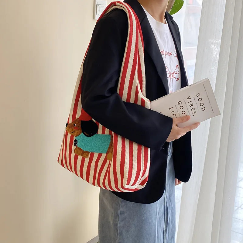 Cute Dog Embroidery Women’s Canvas Shoulder Tote Bag – Large Capacity