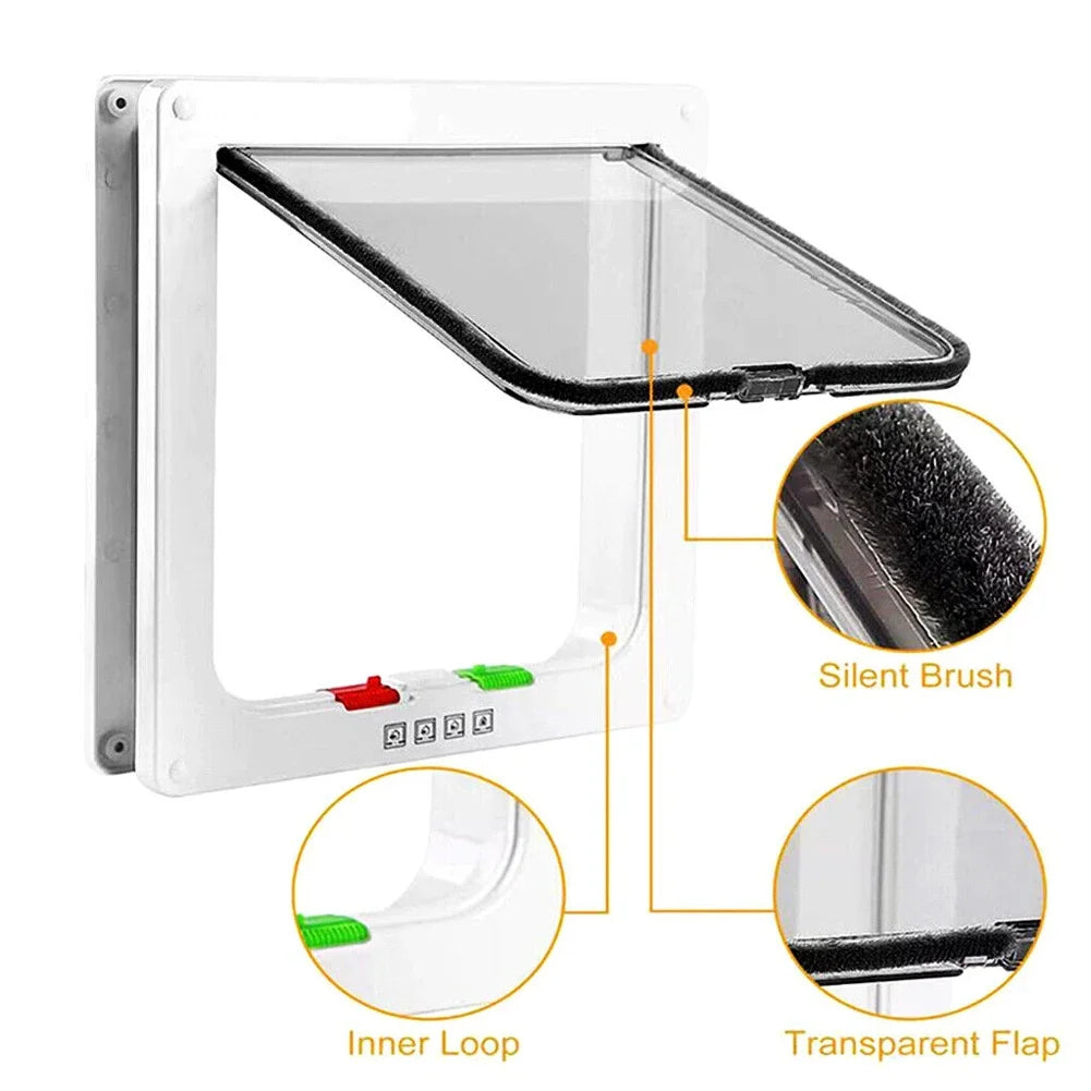 Dog & Cat Flap Door with 4-Way Security Lock – Transparent ABS Plastic Pet Gate