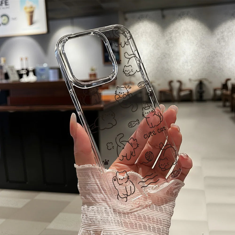 Cute Line Cat iPhone Case – Transparent Acrylic Shockproof Phone Cover