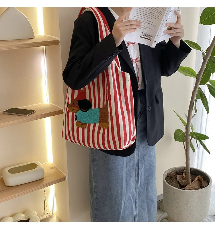 Cute Dog Embroidery Women’s Canvas Shoulder Tote Bag – Large Capacity