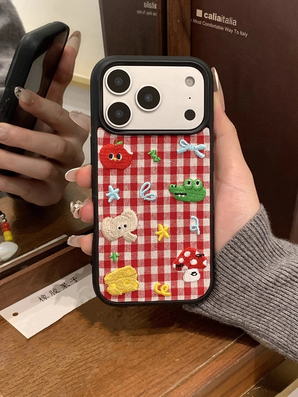Cute Animal Embroidery Red Grid iPhone Case – Shockproof Full Coverage Cover