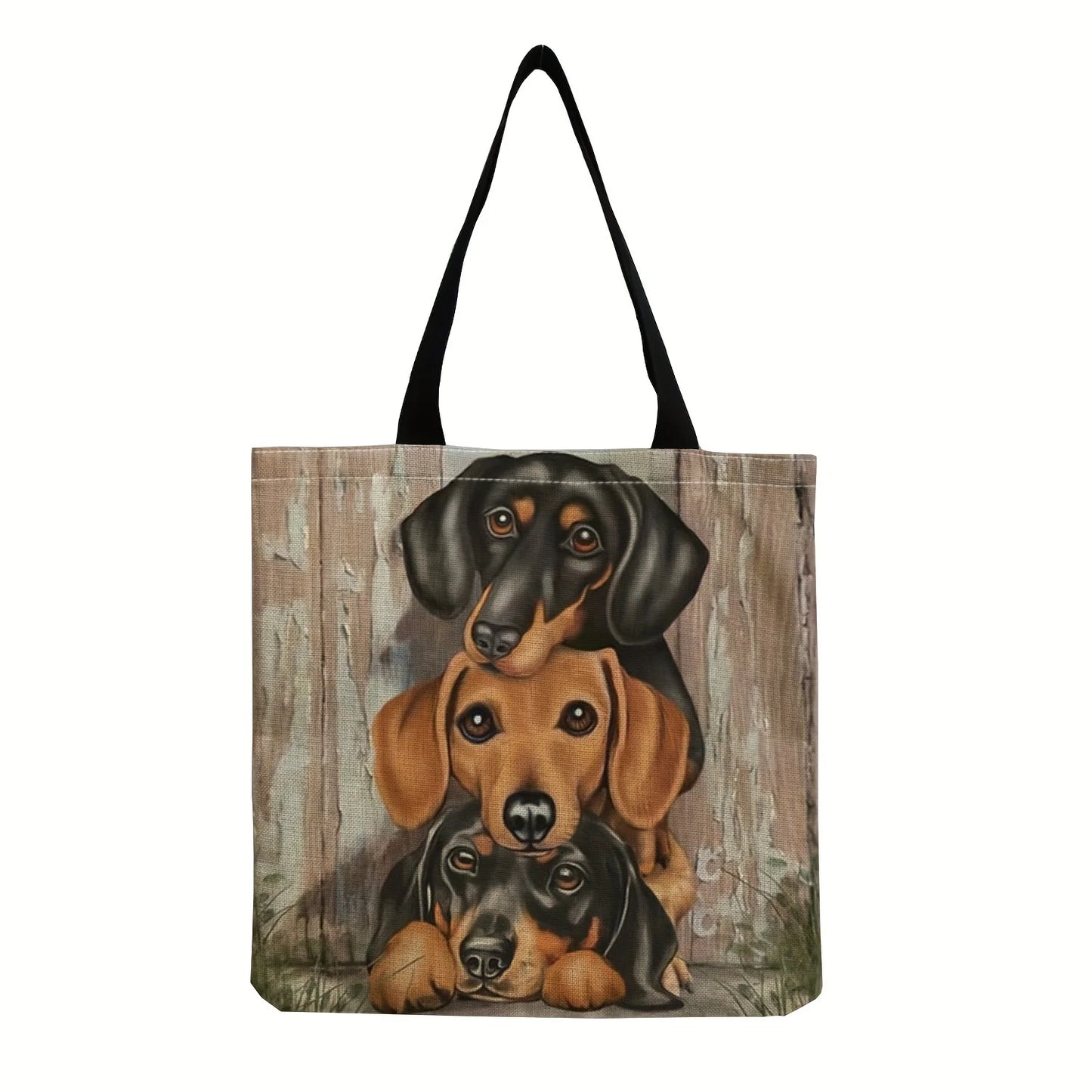 Cute Sausage Dog Print Tote Bag – Large Capacity Linen Shoulder Bag