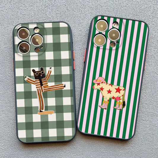Green Plaid Animal iPhone Case – Cute Matte Shockproof Phone Cover