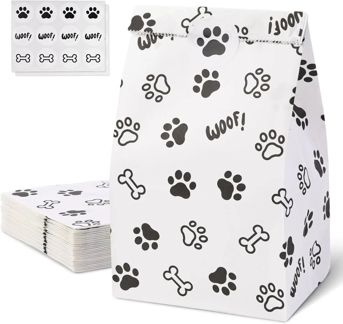 Pet Paw Print Gift Bags – 12 pcs, 22x12x8cm, Black & White Design for Dog Lovers